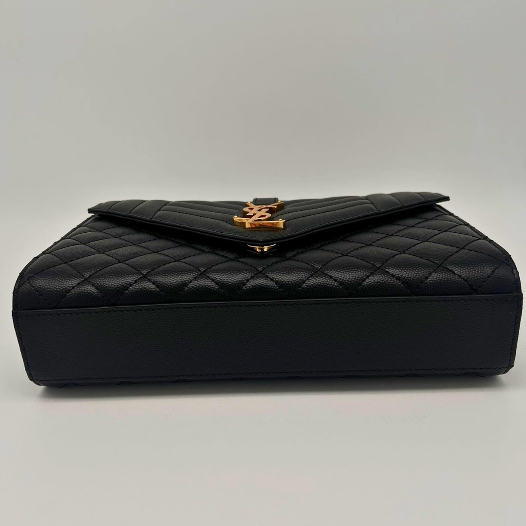 YSL ENVELOPE IN QUILTED LEATHER GRAIN DE POUDRE MEDIUM 600185 - BLACK/GOLD