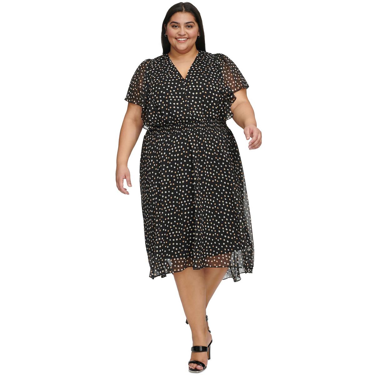 Plus Womens Polka Dot Polyester Midi Dress Black Ivory