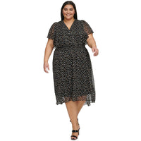 Plus Womens Polka Dot Polyester Midi Dress Black Ivory