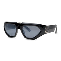 Philipp Plein Sunglasses Rectangle Full Rim, Shiny Black Frame and Grey Silver Mirror Lens SPP153Z42X