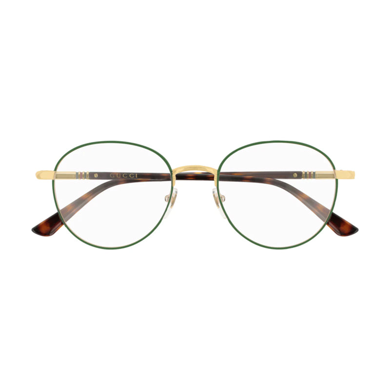 Gucci Eyeglasses Round Full Rim, Green/Gold Frame and Clear Demo Lenses Lens GG0392O004