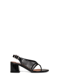 ALAÏA Alaïa Women Black Fishnet And Patent Leather Heeled Thong Sandals