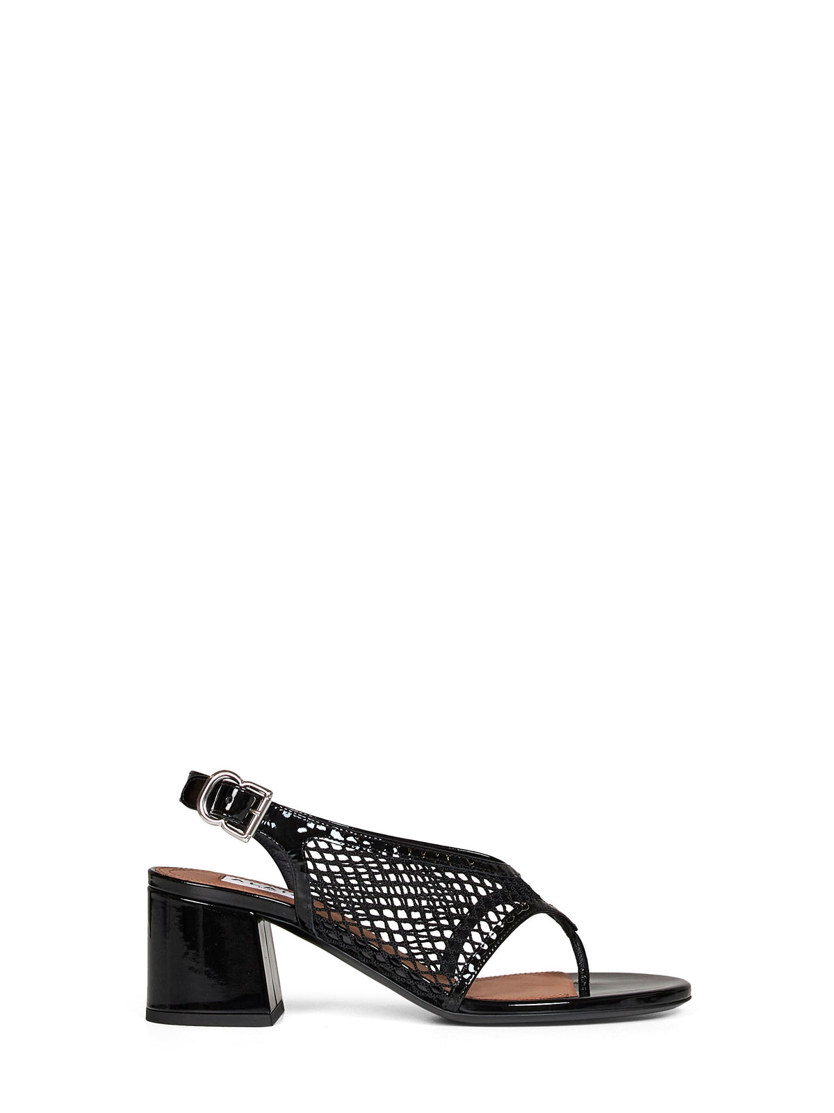 ALAÏA Alaïa Women Black Fishnet And Patent Leather Heeled Thong Sandals