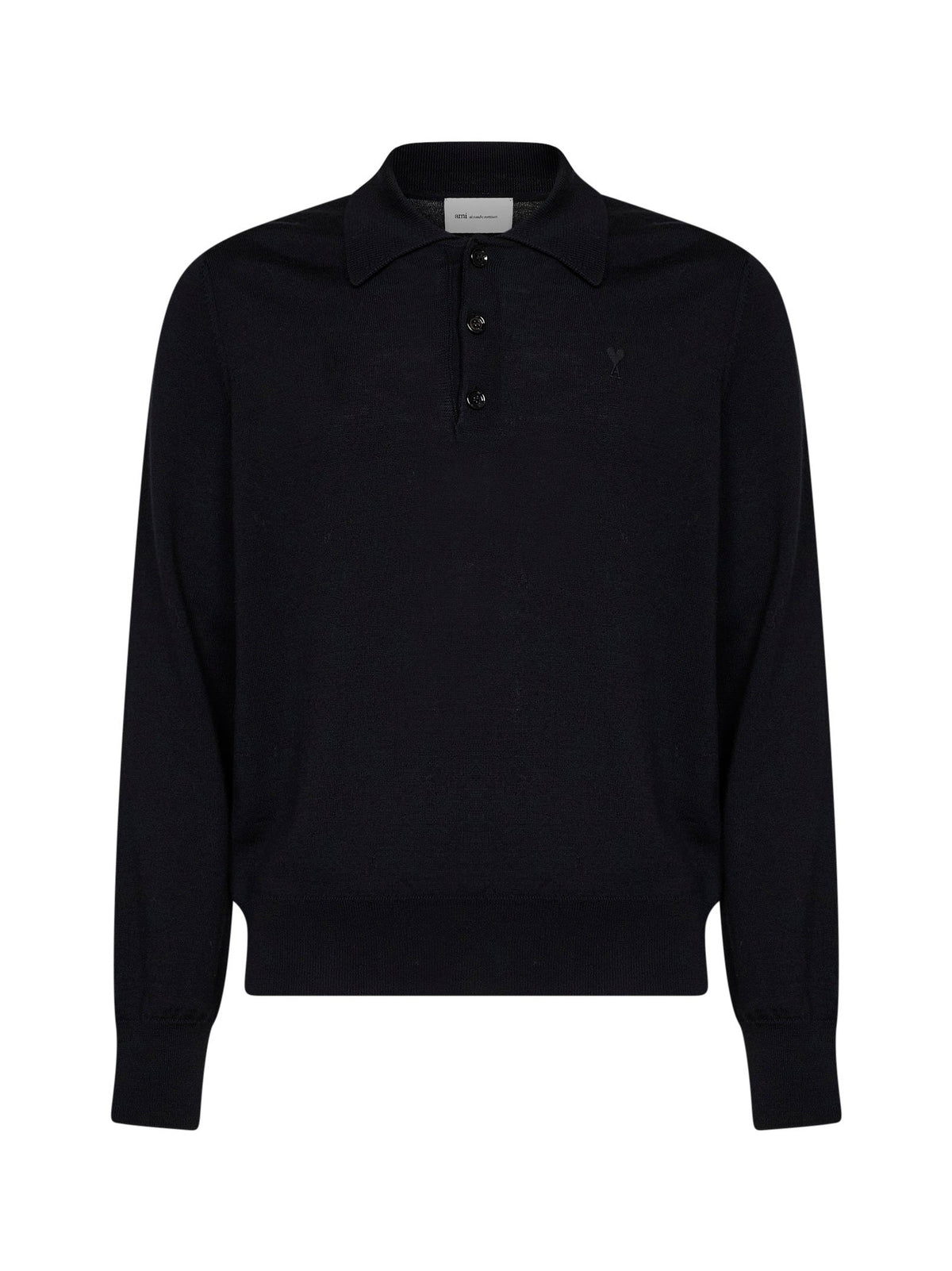 Ami Paris Men Black Extra-Fine Merino Wool Knit Ami De Cœur Polo Shirt