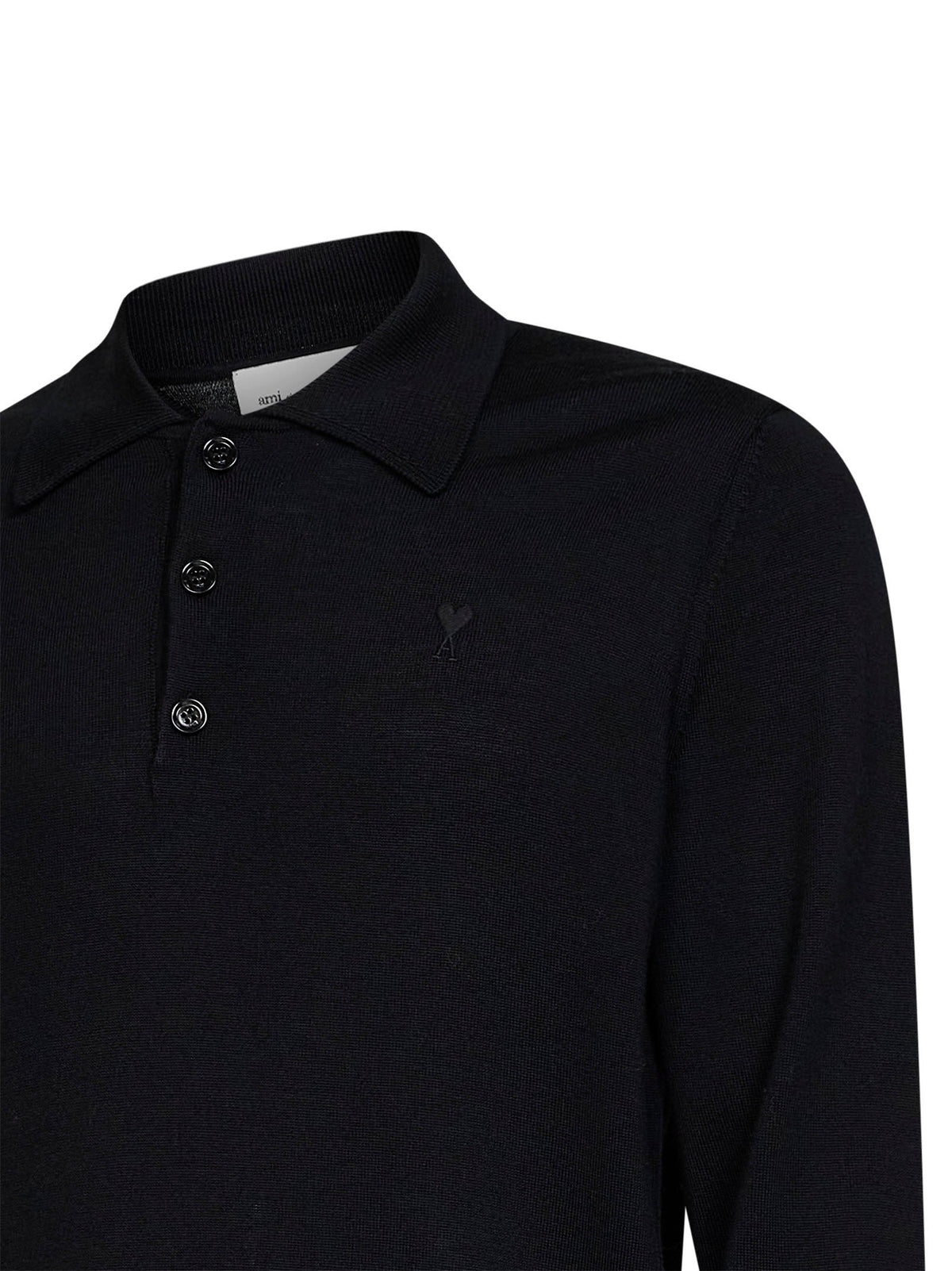Ami Paris Men Black Extra-Fine Merino Wool Knit Ami De Cœur Polo Shirt