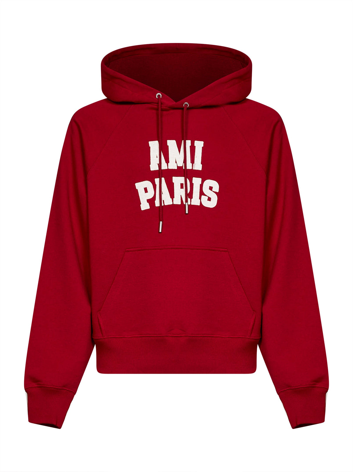 Ami Paris Men Red Loopback Cotton Hoodie With Ami Paris Embroidery