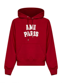 Ami Paris Men Red Loopback Cotton Hoodie With Ami Paris Embroidery