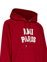 Ami Paris Men Red Loopback Cotton Hoodie With Ami Paris Embroidery