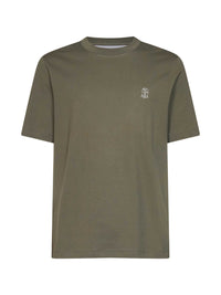 Brunello Cucinelli Men Camouflage Green Cotton Jersey Logo Crewneck T-Shirt