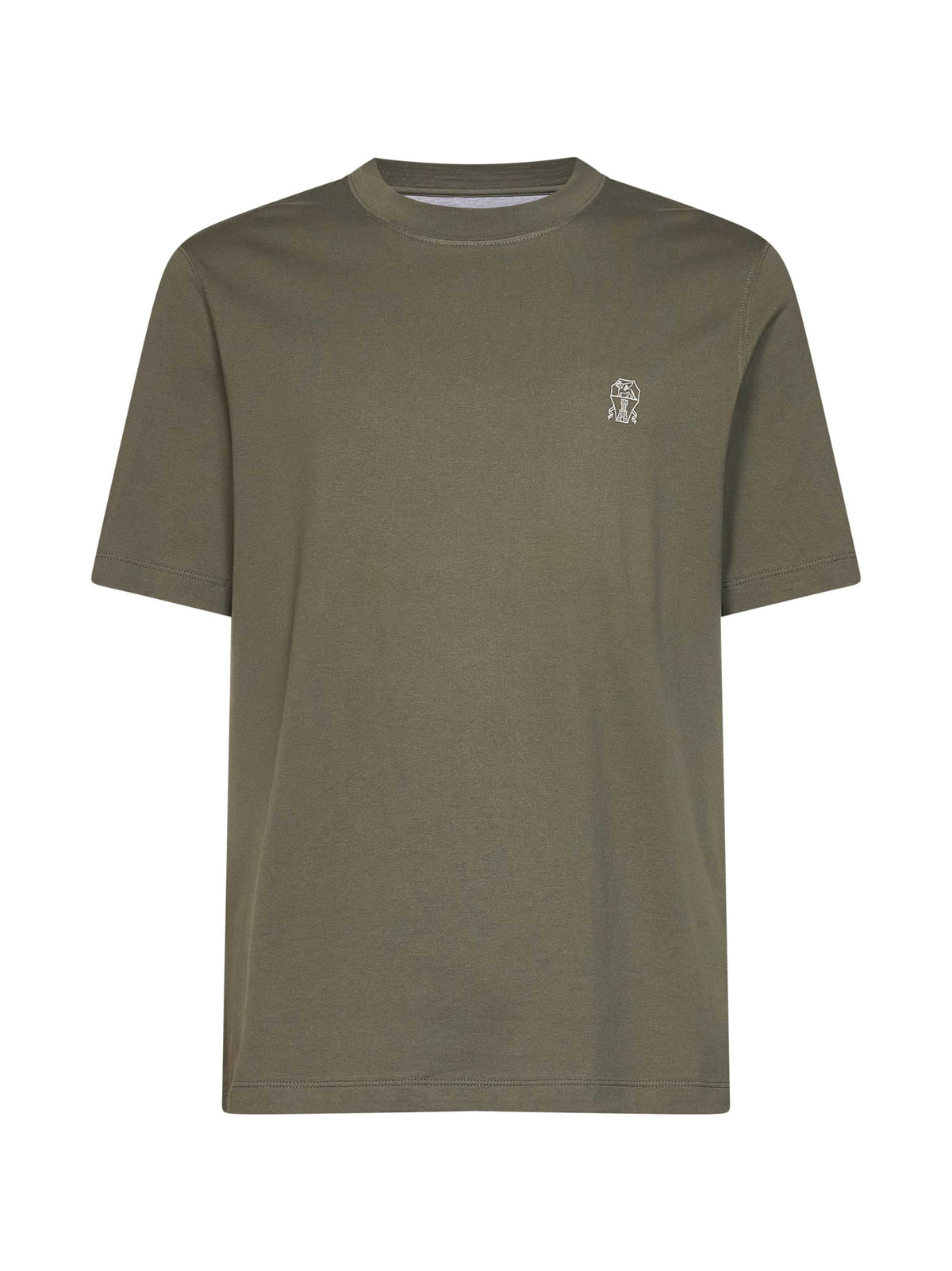 Brunello Cucinelli Men Camouflage Green Cotton Jersey Logo Crewneck T-Shirt