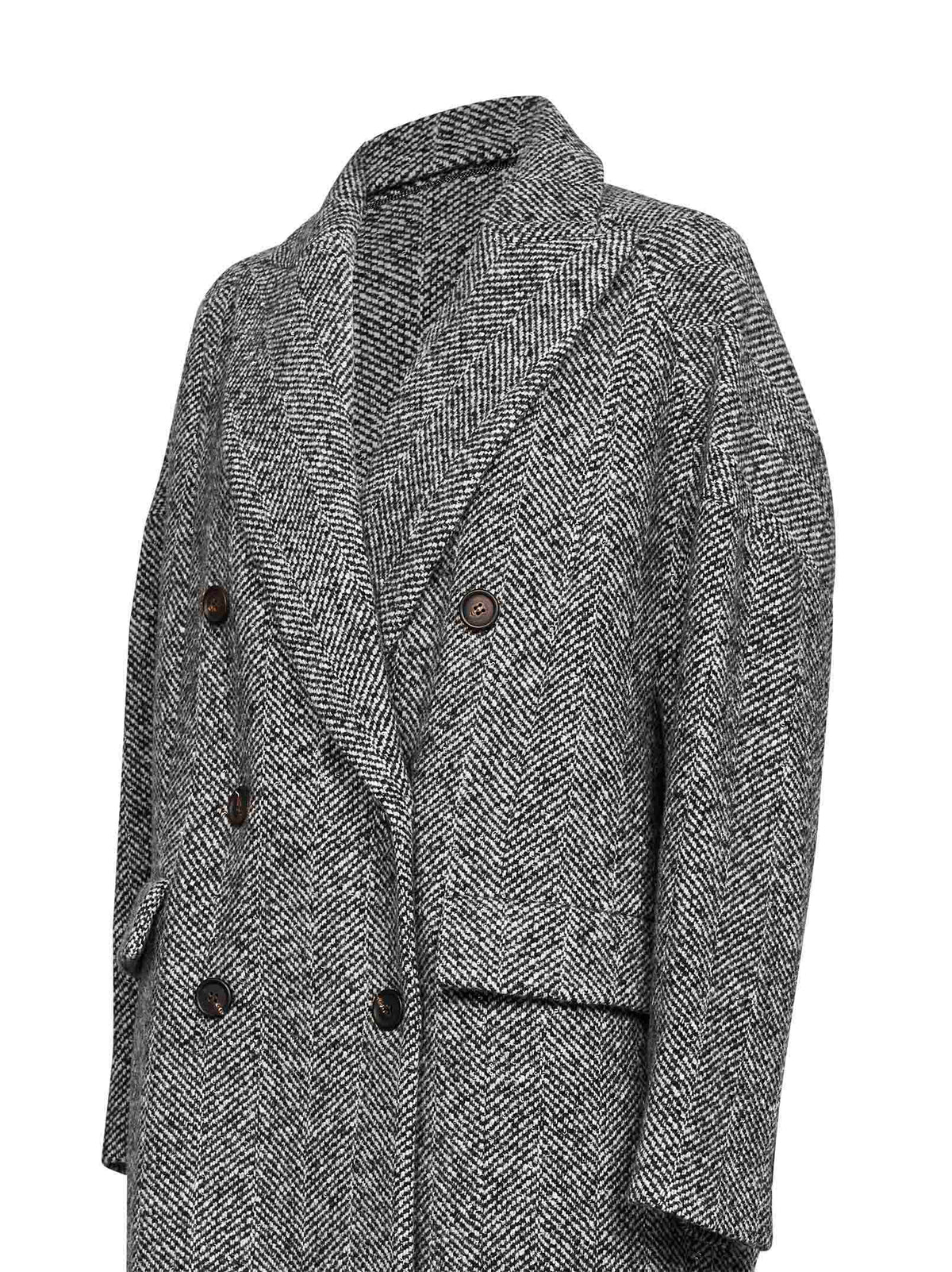 Brunello Cucinelli Women Grey Herringbone Double-Breatsed Coat