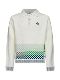 Casablanca Men White Bouclé Knit Check Long-Sleeved Polo Shirt