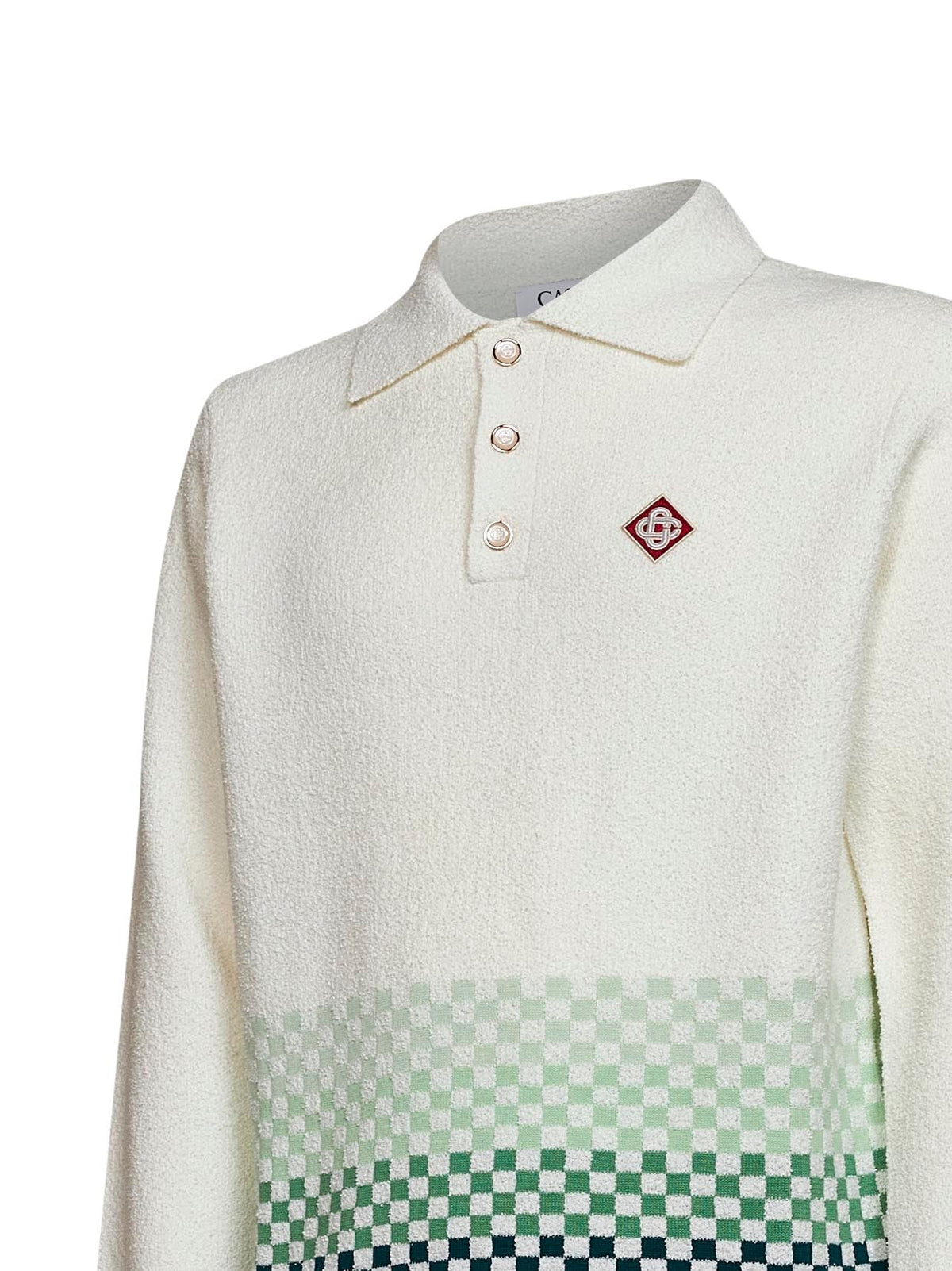 Casablanca Men White Bouclé Knit Check Long-Sleeved Polo Shirt