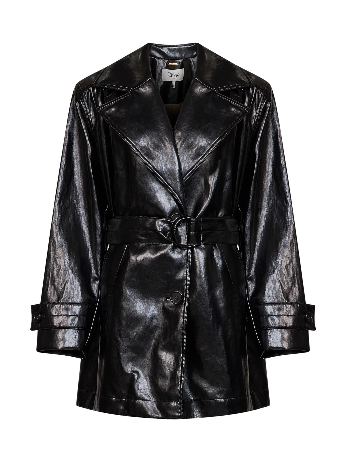 CHLOé Chloé Women Black Shiny Coated Viscose Belted Trench Coat