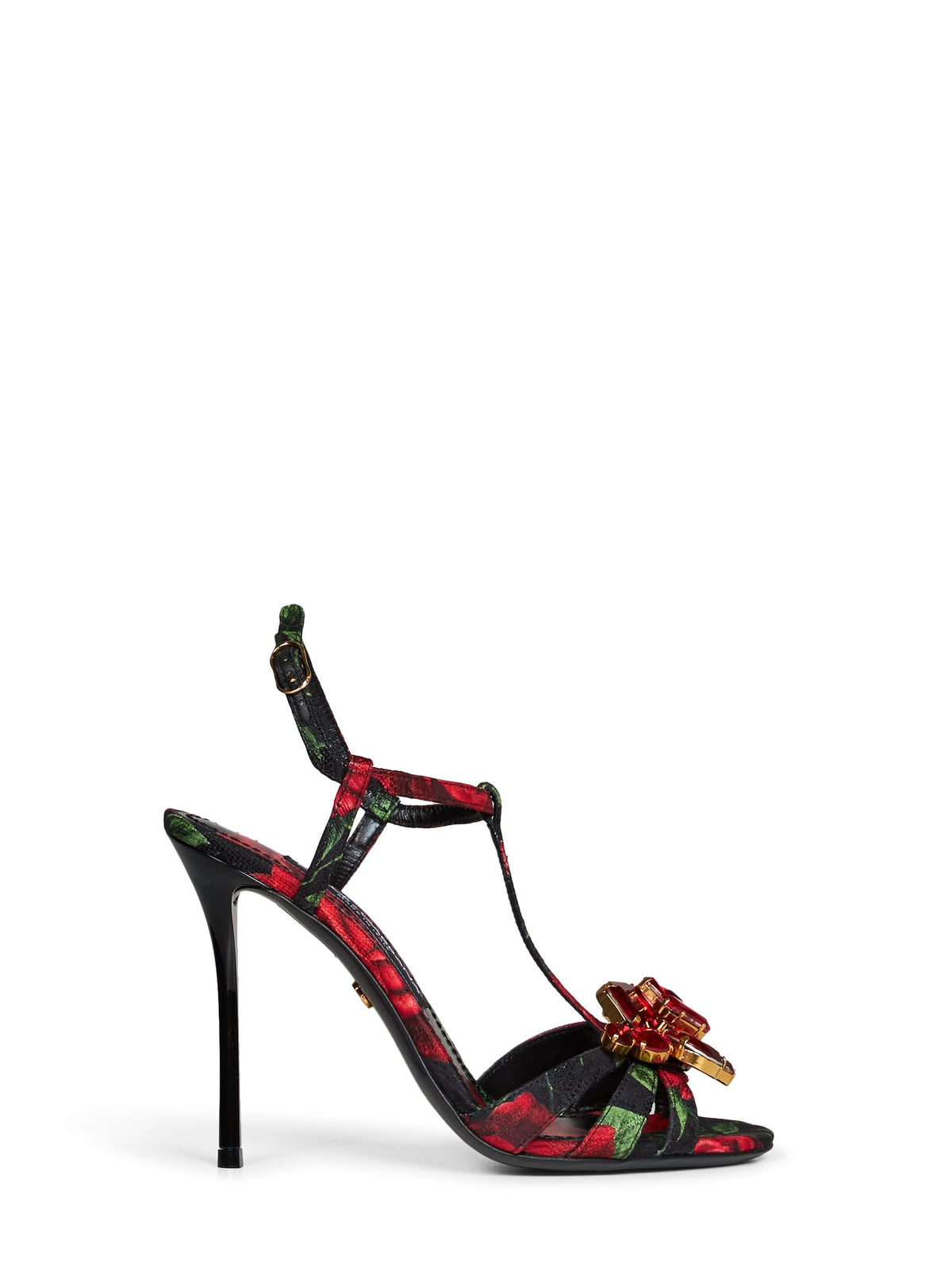 DOLCE & GABBANA Dolce & Gabbana Women Black Rose-Print Brocade Sandals With Jeweled Brooch