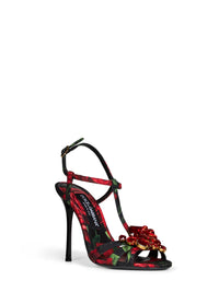 DOLCE & GABBANA Dolce & Gabbana Women Black Rose-Print Brocade Sandals With Jeweled Brooch