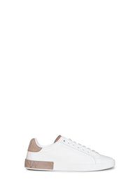 DOLCE & GABBANA Dolce & Gabbana Men White And Taupe Nappa Calfskin Leather And Nubuck Portofino Low-Top Sneakers