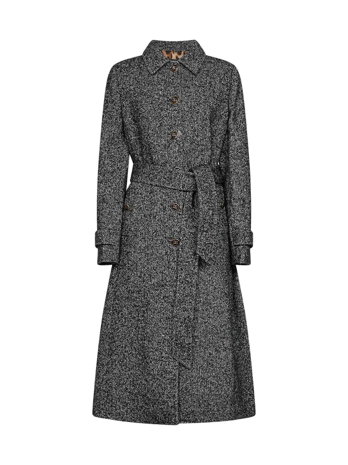 Dolce & Gabbana Women Black And White Chevron Wool-Blend Belted Coat