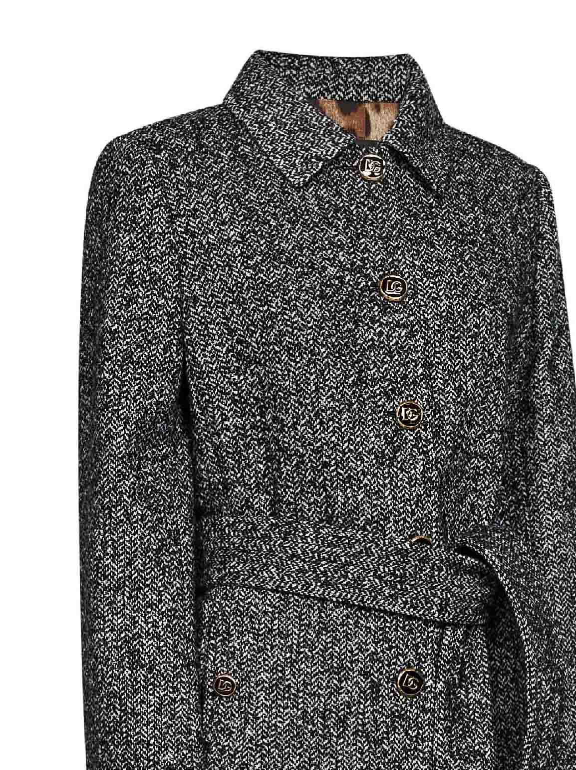 Dolce & Gabbana Women Black And White Chevron Wool-Blend Belted Coat