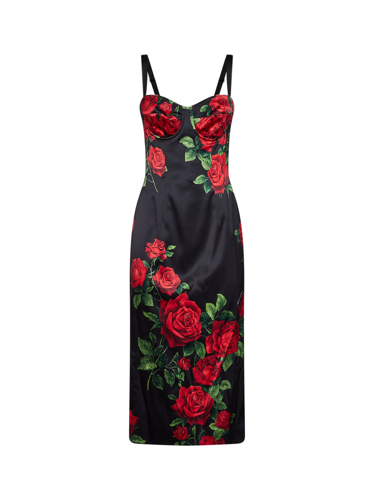 Dolce & Gabbana Women Black Rose-Print Stretch Satin Midi Bustier Dress