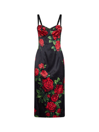 Dolce & Gabbana Women Black Rose-Print Stretch Satin Midi Bustier Dress