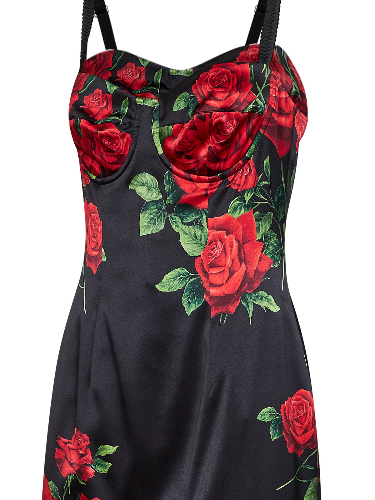 Dolce & Gabbana Women Black Rose-Print Stretch Satin Midi Bustier Dress