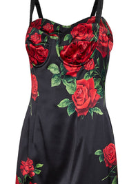 Dolce & Gabbana Women Black Rose-Print Stretch Satin Midi Bustier Dress
