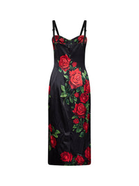 Dolce & Gabbana Women Black Rose-Print Stretch Satin Midi Bustier Dress