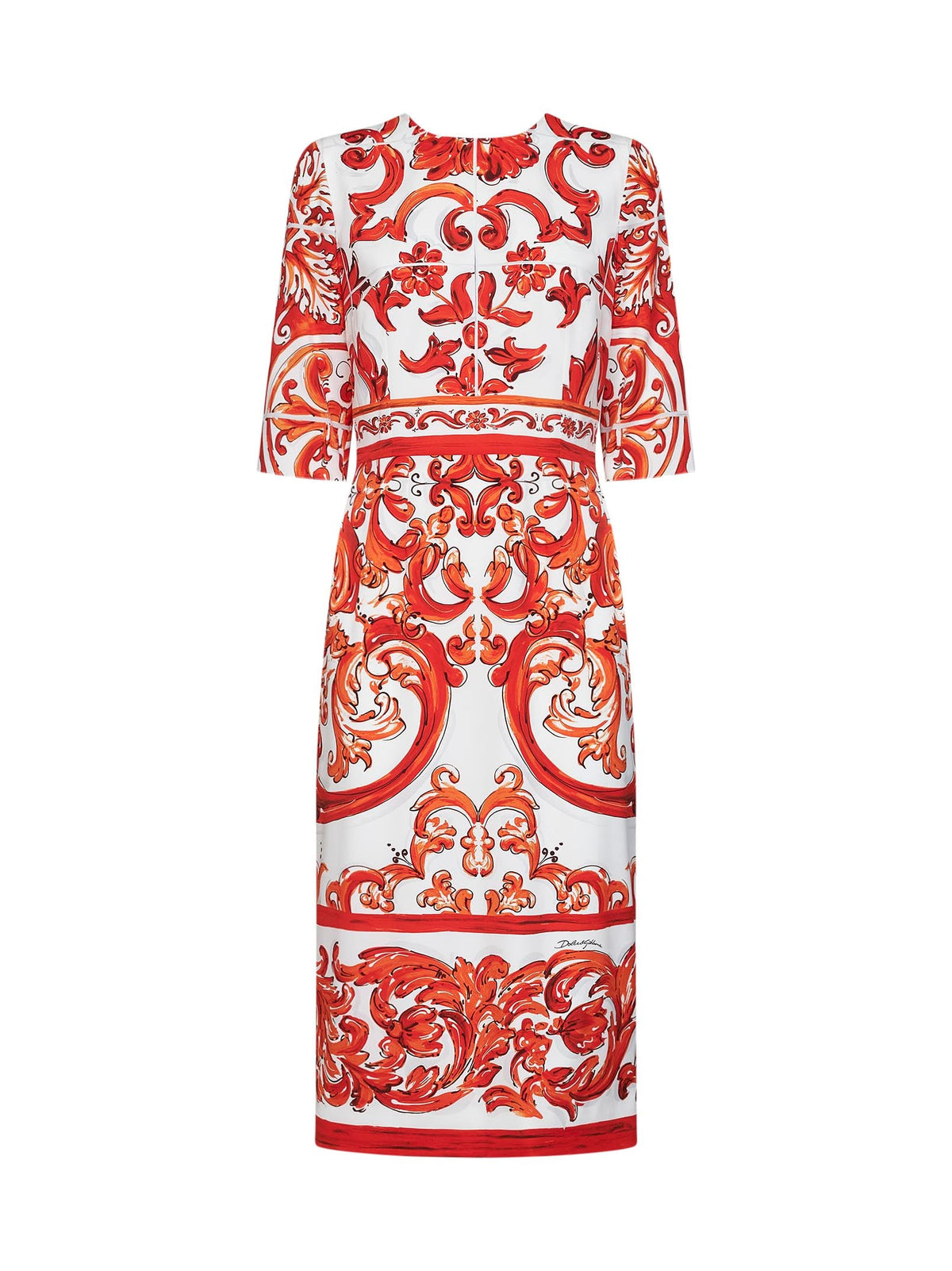 Dolce & Gabbana Women Orange Maiolica-Print Stretch Silk Charmeuse Midi Dress