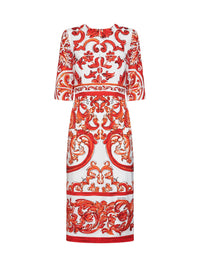 Dolce & Gabbana Women Orange Maiolica-Print Stretch Silk Charmeuse Midi Dress