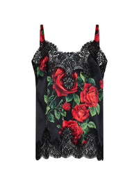 DOLCE & GABBANA Dolce & Gabbana Women Black Rose-Print Silk Satin Top With Lace