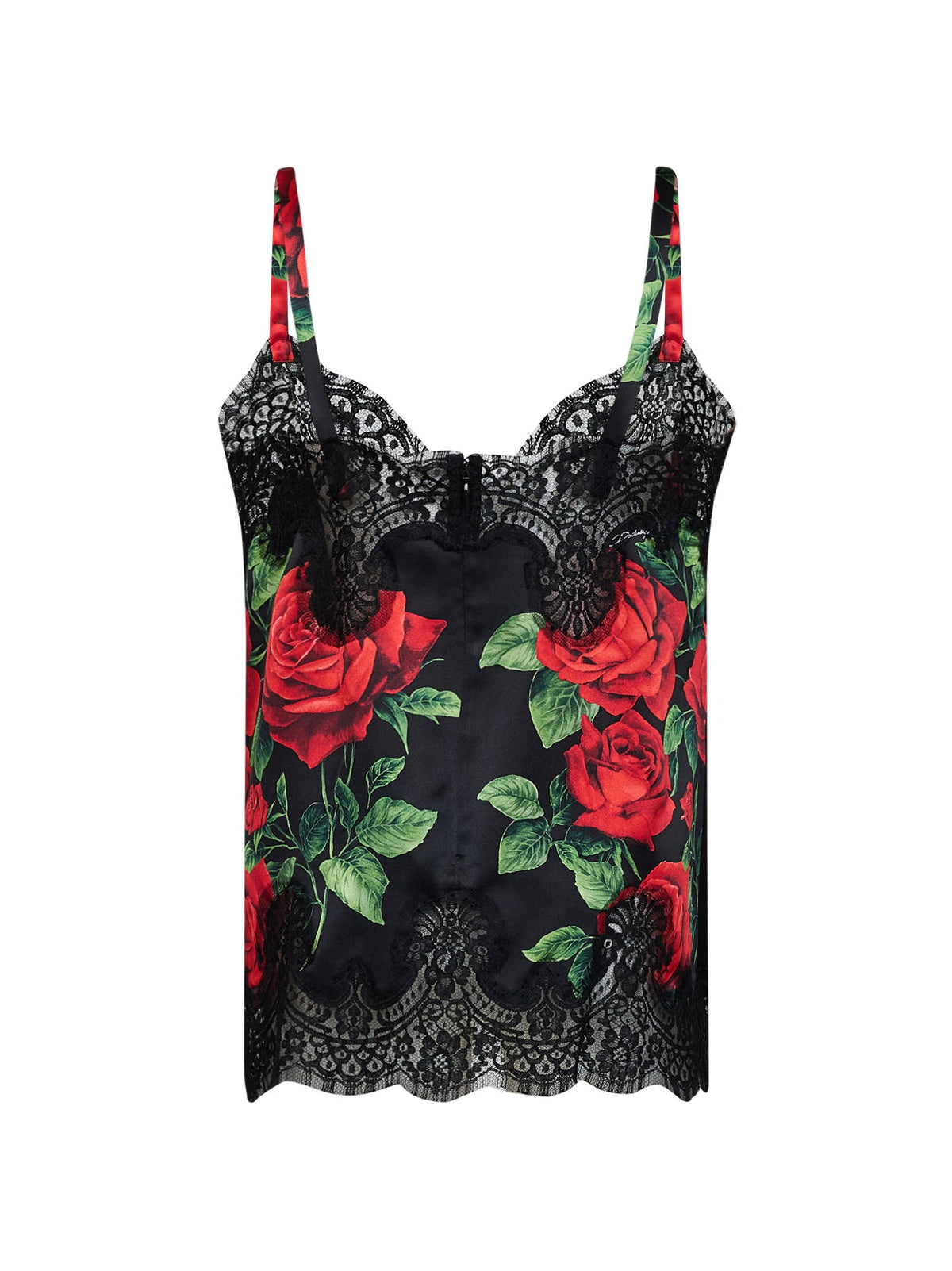 DOLCE & GABBANA Dolce & Gabbana Women Black Rose-Print Silk Satin Top With Lace