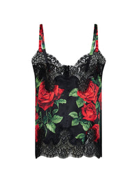 DOLCE & GABBANA Dolce & Gabbana Women Black Rose-Print Silk Satin Top With Lace