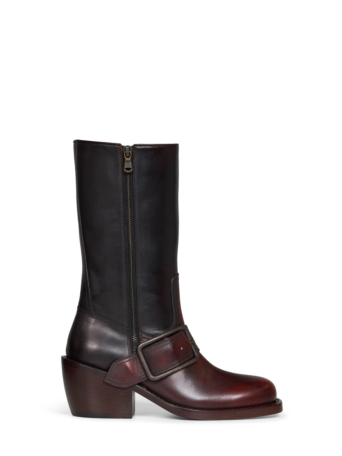 Dries Van Noten Women Tan Brushed Leather Buckled Mid-Calf Boots