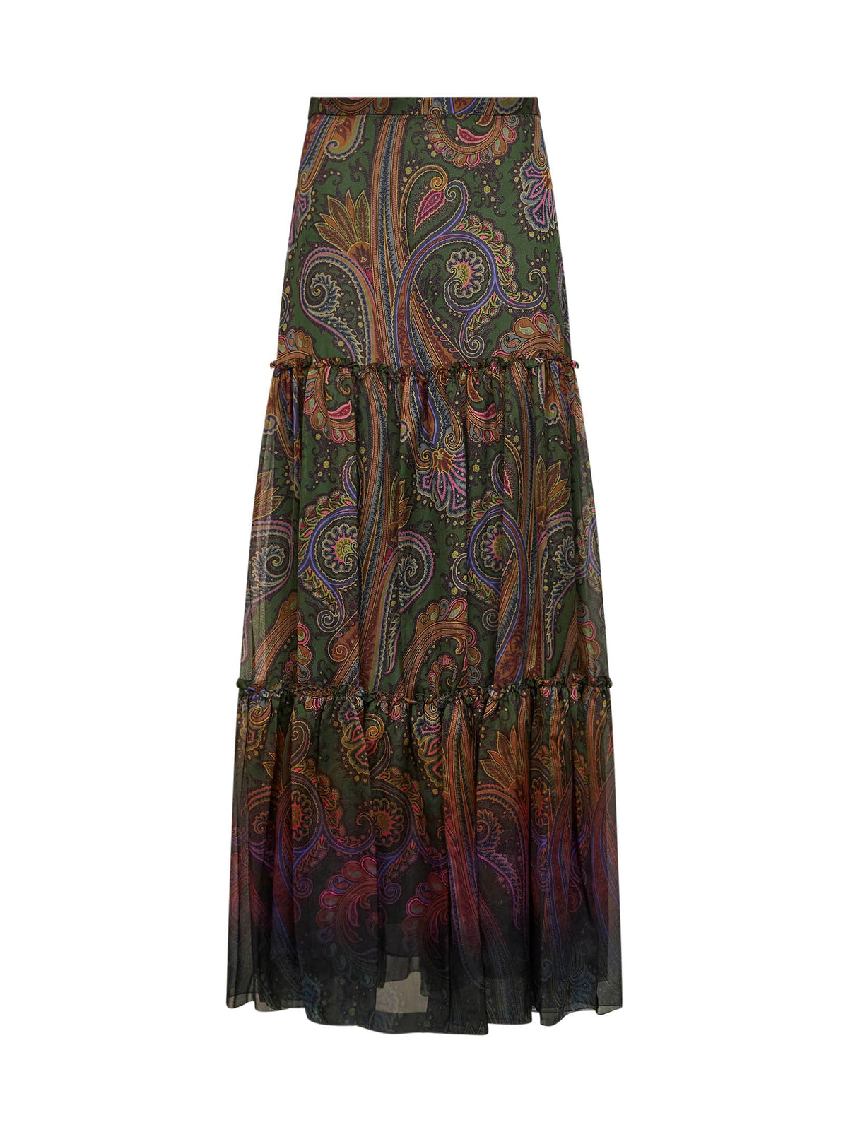 Etro Women Green Paisley-Printed Silk Chiffon Tiered Maxi Skirt