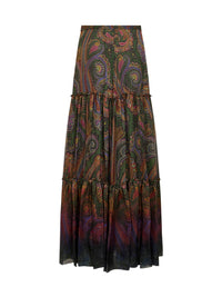 Etro Women Green Paisley-Printed Silk Chiffon Tiered Maxi Skirt