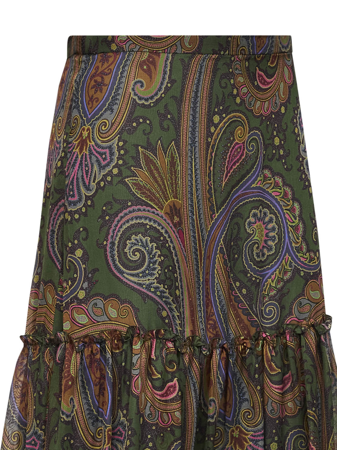 Etro Women Green Paisley-Printed Silk Chiffon Tiered Maxi Skirt