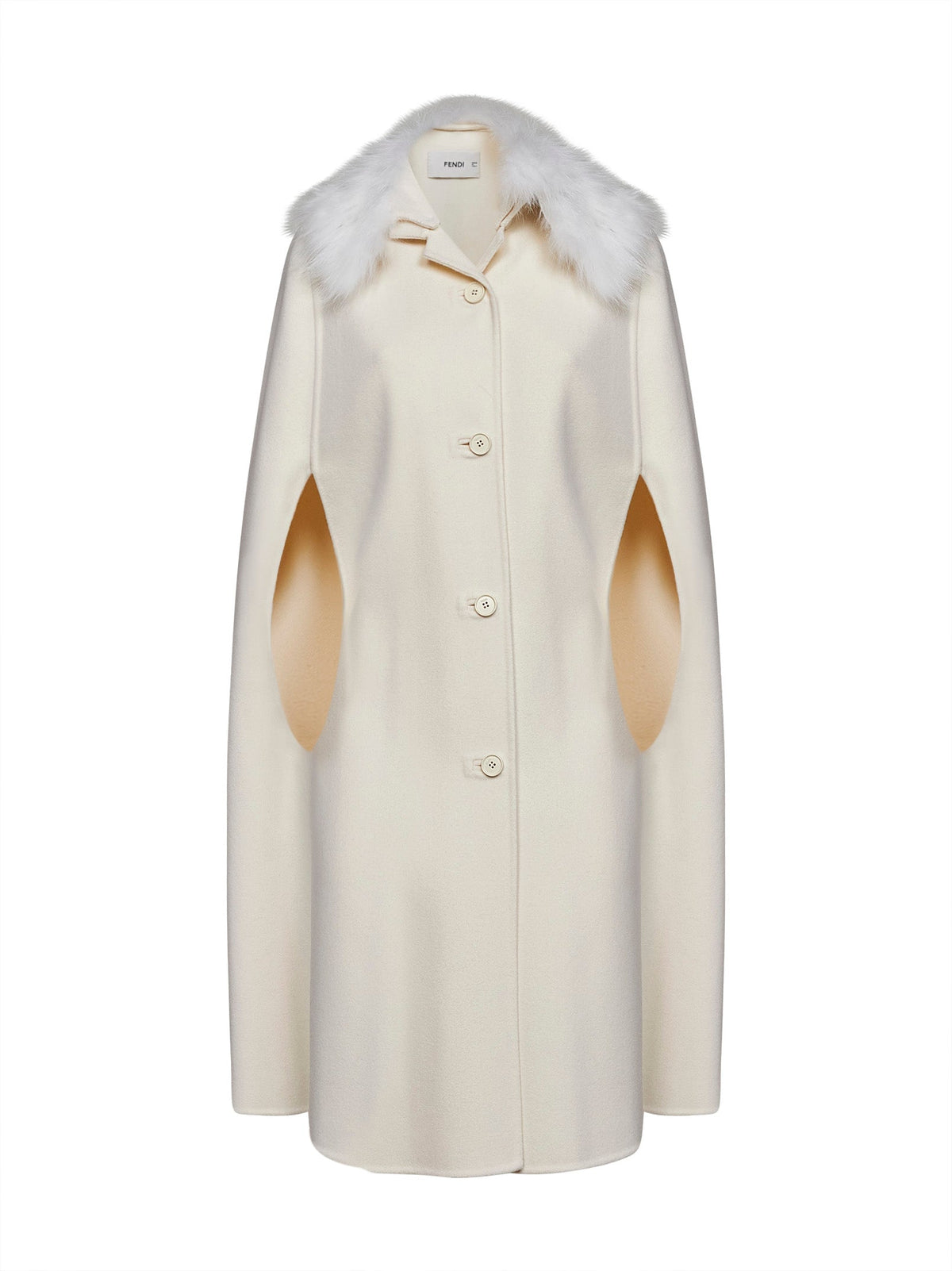 Fendi Women Ivory Double-Sided Wool-Blend Cape With Fox Fur Collar