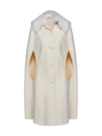 Fendi Women Ivory Double-Sided Wool-Blend Cape With Fox Fur Collar