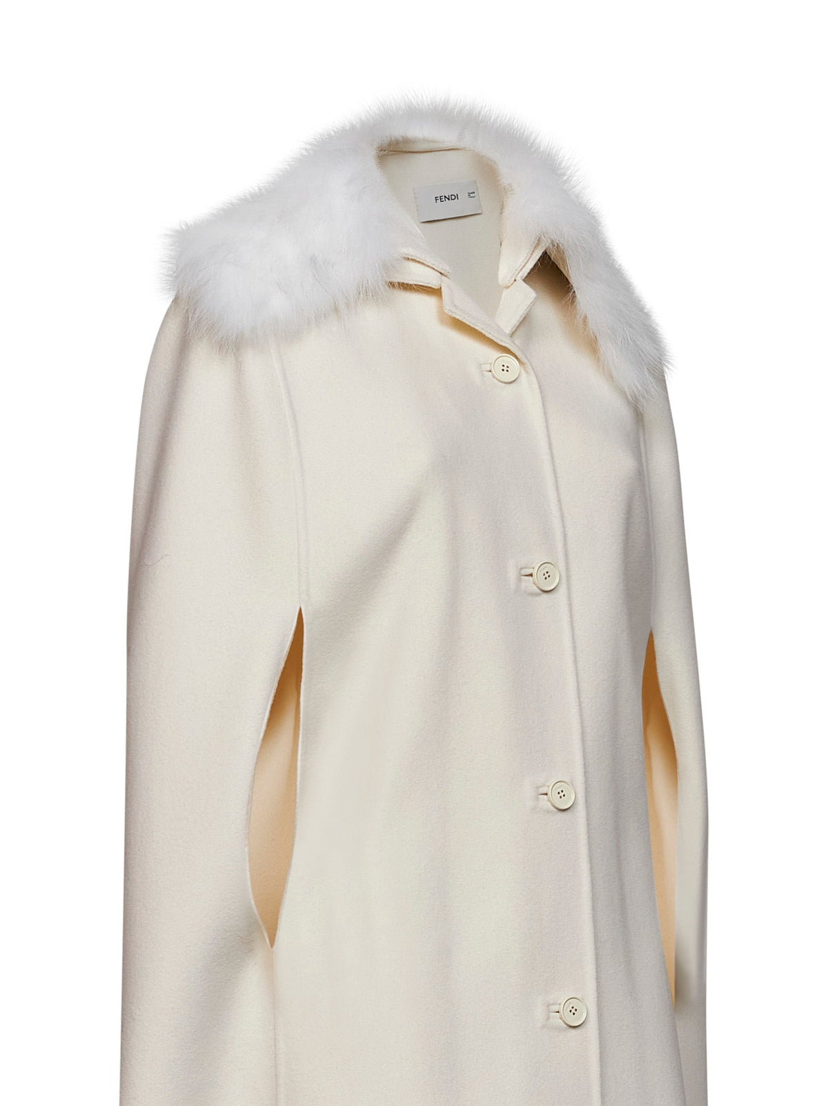Fendi Women Ivory Double-Sided Wool-Blend Cape With Fox Fur Collar