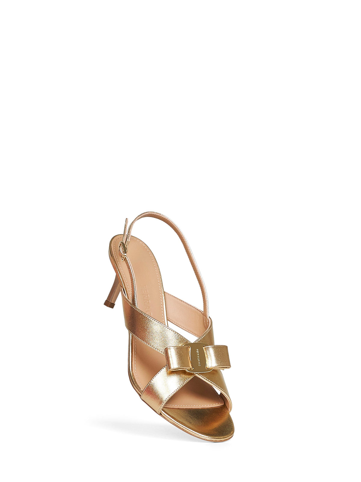 Ferragamo Women Gold Laminated Nappa Leather Rima Vara Bow Sandals