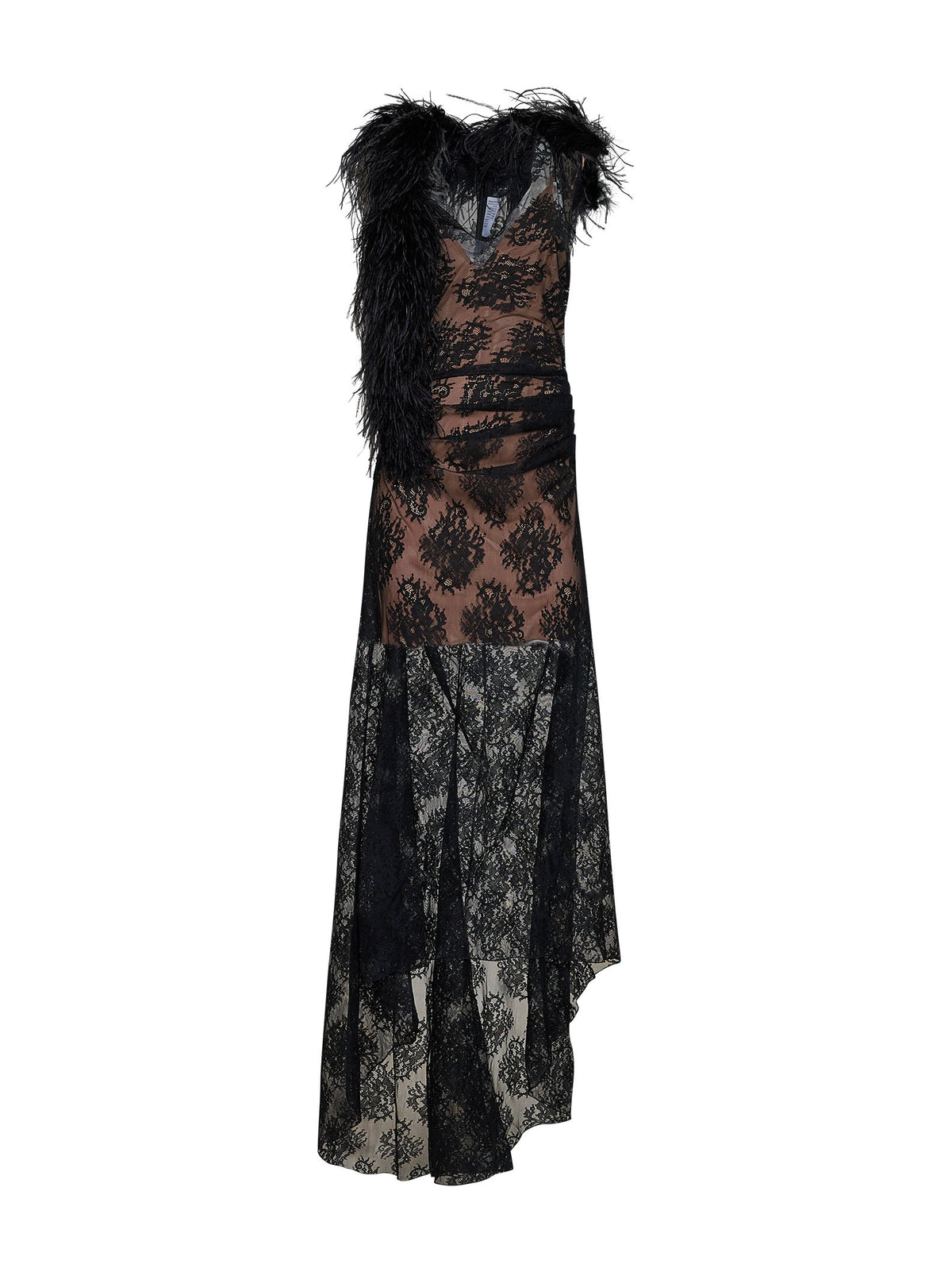 Giuseppe Di Morabito Women Black Lace Long Dress With Feather Trim