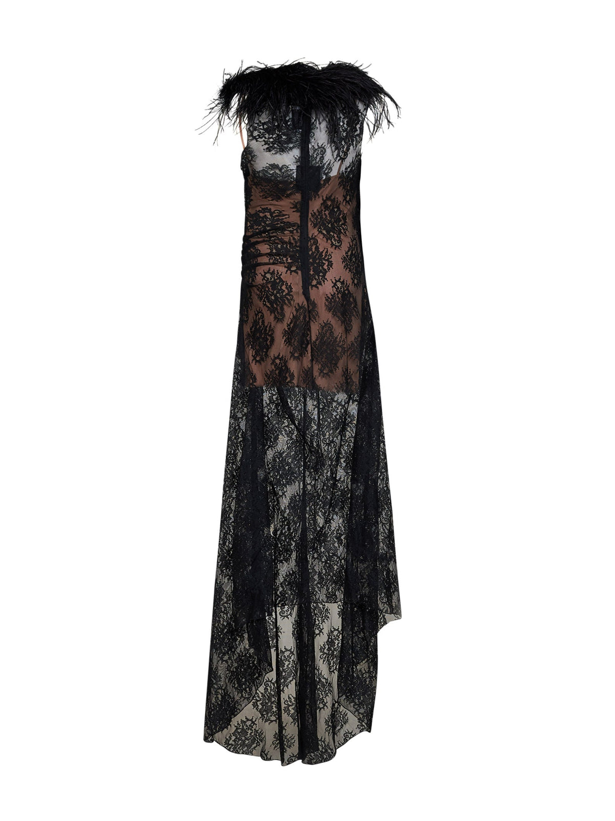 Giuseppe Di Morabito Women Black Lace Long Dress With Feather Trim