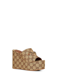 Gucci Women Beige And Dark Brown Horsebit Wedge Sandals