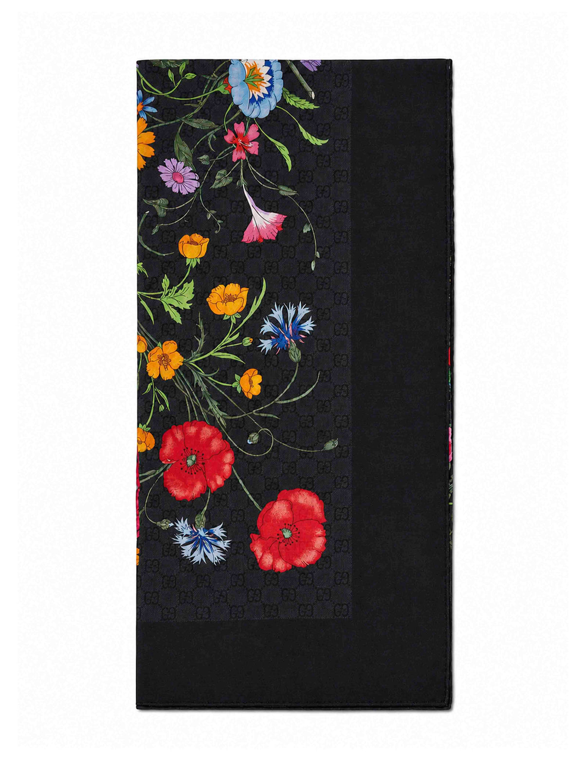 Gucci Women Black Floral Print Wool And Silk Scarf <Br/>