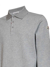 Moncler Men Charcoal Grey Cotton Piqué Long-Sleeved Polo Shirt With Logo
