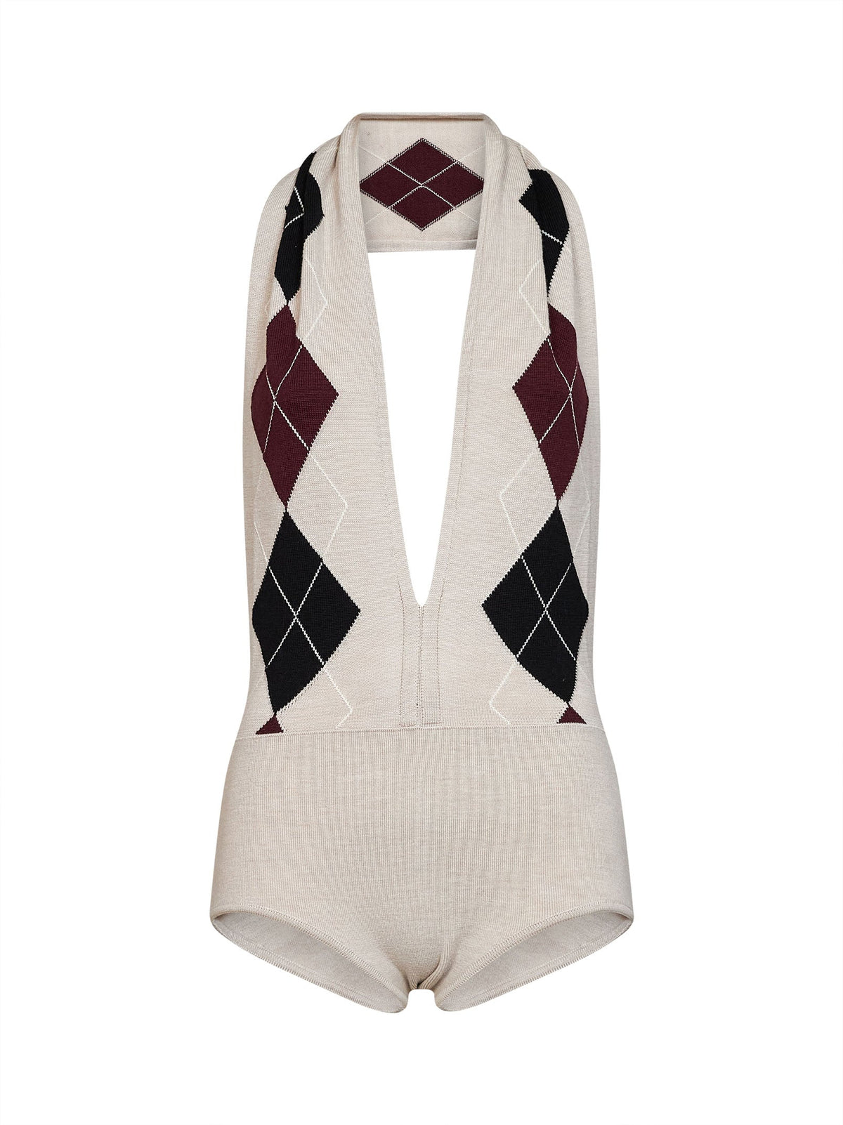 Mugler Women Beige Argyle-Pattern Virgin Wool Knit Bodysuit