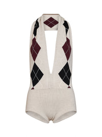 Mugler Women Beige Argyle-Pattern Virgin Wool Knit Bodysuit