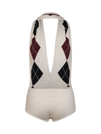 Mugler Women Beige Argyle-Pattern Virgin Wool Knit Bodysuit