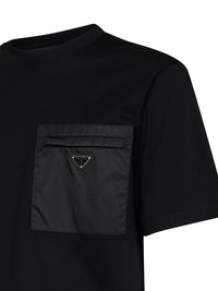 Prada Abbigliamento Men Black Jersey And Re-Nylon Crewneck T-Shirt